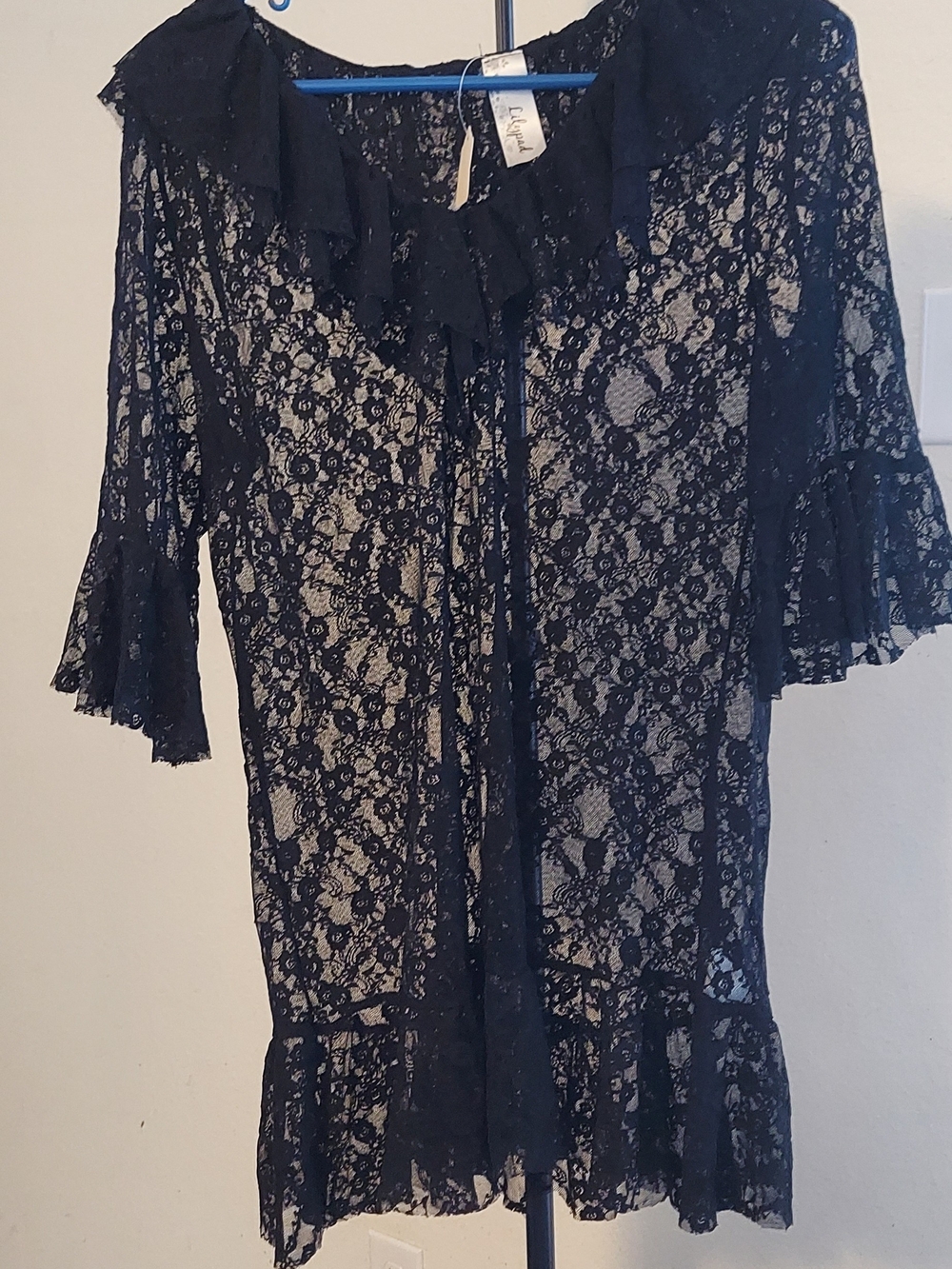 Lily Black Sheer Lace Ruffle Tie-Front Blouse